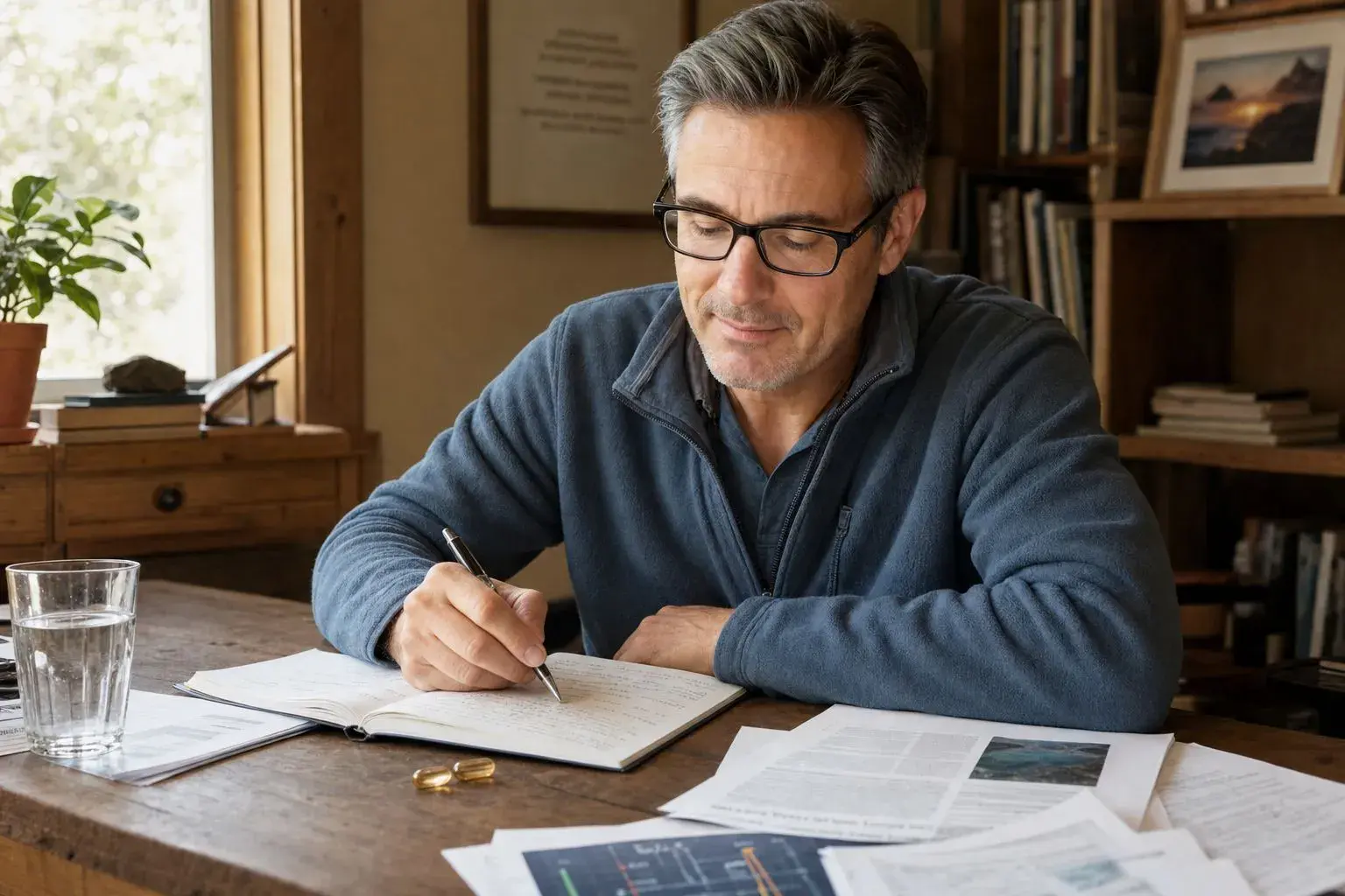 Supplement journal and capsules on a wooden desk — representing Robert Lees' 90-day personal Theracurmin testing protocol