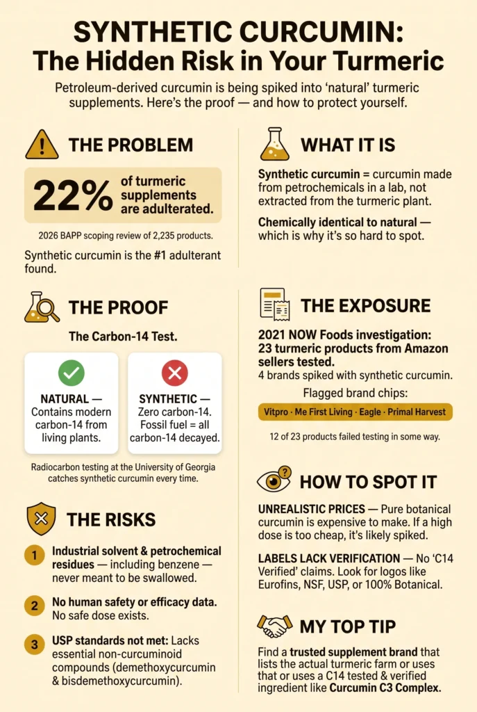 Infographic titled "Synthetic Curcumin: The Hidden Risk in Your Turmeric." Shows that 22% of turmeric supplements are adulterated (2026 BAPP scoping review of 2,235 products, Gafner et al., PMID 41452918), with synthetic curcumin as the #1 adulterant. Explains synthetic curcumin is petrochemical-derived and chemically identical to natural curcumin, making it hard to detect. Illustrates the Carbon-14 test: natural curcumin contains modern carbon-14 (green check), synthetic curcumin has zero carbon-14 from fossil fuels (red X). Lists 4 brands flagged in the 2021 NOW Foods investigation for synthetic spiking: Vitpro, Me First Living, Eagle, and Primal Harvest. Details risks: industrial solvent and petrochemical residues, no human safety data or safe dose, and the USP December 2025 hepatotoxicity caution. Features a "Carbon-14 Verified" badge and a call-to-action button to find verified natural products like C3 Complex, Meriva, and Longvida.