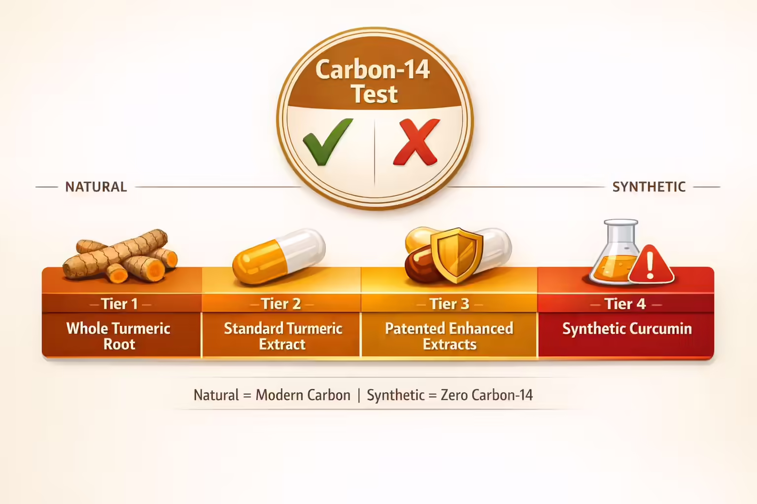 The 4-tier turmeric market spectrum and how the Carbon-14 test distinguishes natural from synthetic curcumin